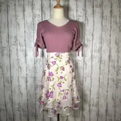 【JILLSTUART】膝丈ワンピース【S】ピンク アイボリー Vネック フリル