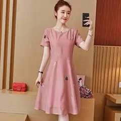 3L 新品 半袖フレアワンピース ピンク 大きいサイズ レディース Aライン 夏