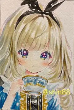 専用　手描きイラスト　不思議の国のアリス　水彩画　オリジナル 手描きイラスト Eichi-kei オリジナル アリス 「Drink me