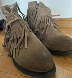 フリンジ スタッズ ショートブーツ ブラウン