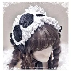 ♡手作りバラ黒白ゴスロリヘアアクセサリーヘッドドレスblack•white♡A