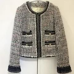【美品】Languageツイードジャケット ノーカラー マルチカラー