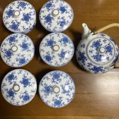 急須と湯飲み6個セット 青い花柄　鶴松