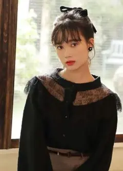 ナイスクラップ  レースニット切替カーディガン 黒