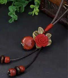 アジアン　ロング　ネックレス　レッド　赤　バラ　ローズ　薔薇　花　レディース