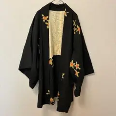 アンティーク 羽織 正絹 黒地 橘 オレンジ 華やか 和装コート ヴィンテージ