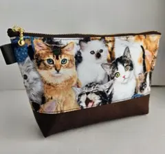 いろんなネコちゃん柄×帆布・まち付きポーチ20㎝