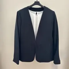 ノーカラージャケットネイビー13号テーパードパンツブラウス3点セット未使用スーツ