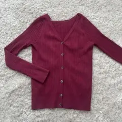 ②バーガンディ Vネック リブ編み