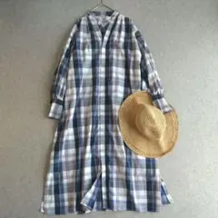 美品＊TICCA ティッカ コットンブレンドバンドカラーシャツ チェック 