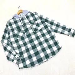 美品 LOGOS DAYS フード付き 長袖ネルシャツL グリーン系 チェック柄
