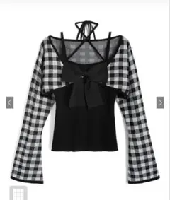 チェック柄シャギーボレロ×ホルターネックリボンキャミソールニットアンサンブル