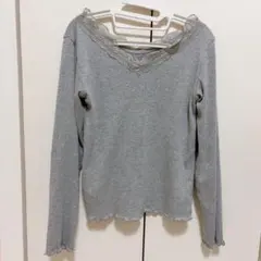 レトロガール　レース付きリブ長袖トップス