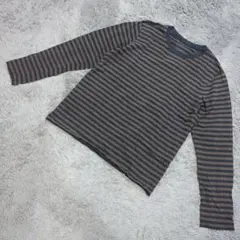 ★b1204 無印良品 MUJI【M】ブラウンネイビー ボーダー長袖トップス