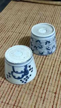 「笹に仙人 染付の美！」 古伊万里染付そばちょこ 2客セット 骨董アンティ 笹に仙人 染付の美！」 古伊万里染付そばちょこ 2客セット