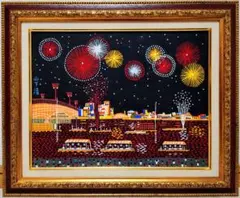 F4号】手描き油彩 山下清【長岡の花火】額縁 未使用額 サイン 落款 共