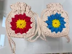 お花モチーフ　手編み物巾着袋 2個セット　 ブルー/ピンク