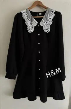H&M レース襟付き黒長袖ミニワンピース