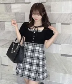 最安値 evelyn リボンチェックミニワンピース BLK