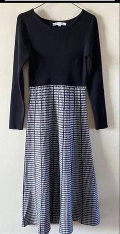 MERCURYDUO 長袖ニットワンピース　千鳥柄　ジャカードフレアニット