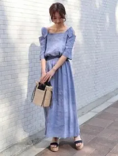 ◆ Noble ノーブル 麻 ポプリンショルダー リボン ワンピース 36