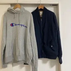 Champion グレー フーディ ネイビー MA-1セット