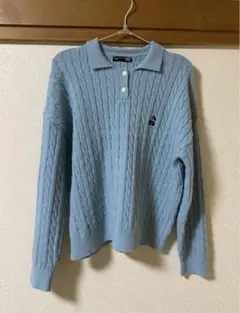 水色 ケーブル編み ポロセーター 長袖