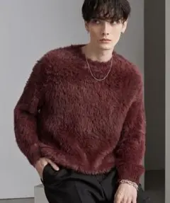 モノマート　ミックスシャギー　クルーネックニット　新品未使用　ワインレッド　M