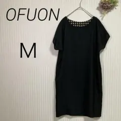 【オフオン】【M】ひざ丈ワンピース　裏地 ドット風柄 半袖 タイト ブラック