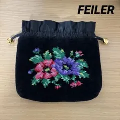 【 FEILER 】花柄刺繍 巾着ポーチ ブラック