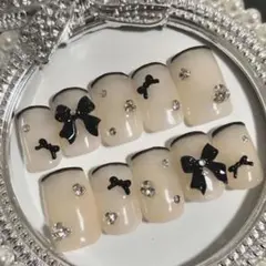 【現品】No.11 ネイルチップ 黒リボン バレエコア ちゅるん ワンホン 韓国