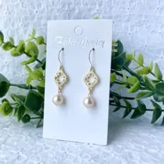 065：ハンドメイドピアス パール ゴールド ダイヤ ピンク フック かわいい