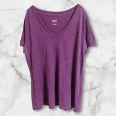 モッシモ Vネック半袖Tシャツ 無地 L パープル 綿ポリ お出かけ 体型カバーのサムネイル