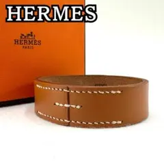 ☆HERMES☆ エルメス 金具なし レザー ワイド カフブレスレット 茶 