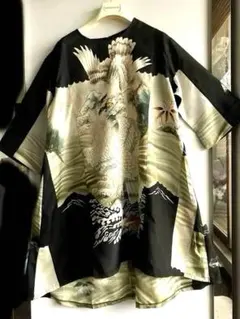 日本伝統二匹鷲と波模様のシルク豪華ロングワンピースリメイク　錦糸刺繍