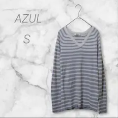 アズール　長袖ニット　S　Vネック　ストライプ柄　ボーダー　グレー系