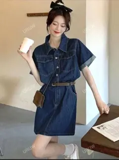 【新品未使用】レディース半袖 デニムワンピース カジュアル ダークウォッシュ M
