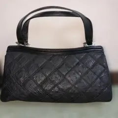 本皮　オーストリッチ　ブラック　レザー　ハンドバッグ　パッチワーク