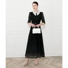 LEJA leja レースビッグカラー花柄刺繍ロングフレアドレスワンピース