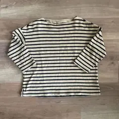 太番手天竺編みボートネック七分袖ＴシャツＸＳ～Ｓ・ベージュボーダー