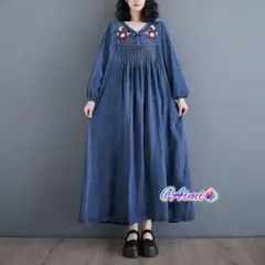 デニムワンピース 高級感 気質満点 刺繍 着痩せ レトロ ロング パフスリーブ