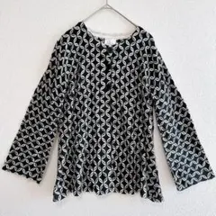 海外古着 カーディガン ブラック【M】 薄手 総柄 一点もの 幾何学模様