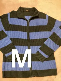 黒と青のストライプジップアップニット