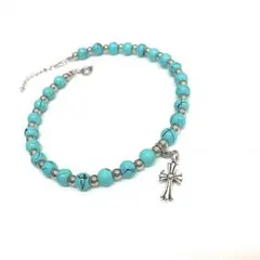 夏にぴったり！完全手作りターコイズ風アンクレット男女兼用！