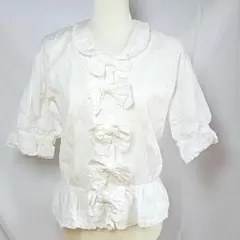 ピンクハウス☆美品　白半袖ブラウス リボン フリル ピンタック パフスリーブ