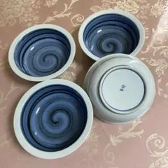 青色と白色の渦巻き模様　陶器鉢4個セット