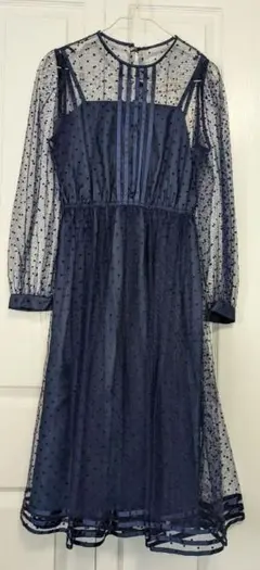 ソシアル　総レース　シースルー　水玉　ワンピース　紺　M
