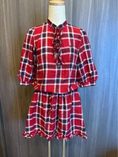 【BURBERRY BLUE LABEL】赤 チェック柄 フリル付きワンピース