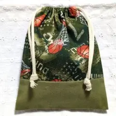 ハンドメイド、バスケットボール柄の給食袋、巾着袋、コップ入れ、緑