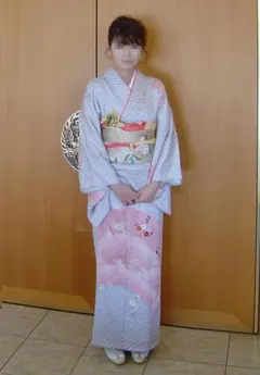 (028)★グレー正絹 両駒八掛地の訪問着・帯・小物等一式セット★